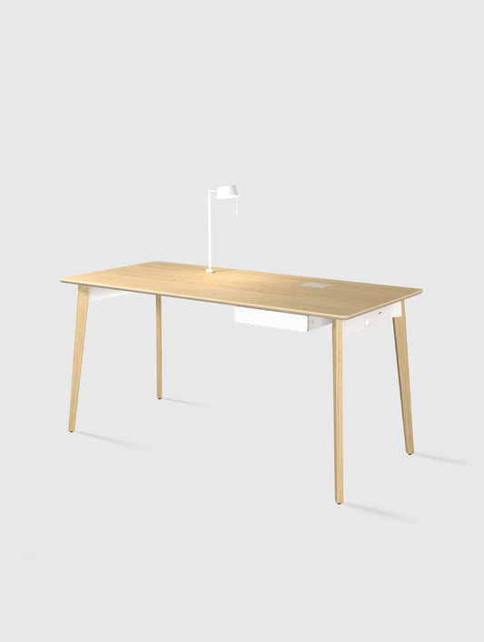 שולחן כתיבה מעץ אלון עם מנורה לבנה ומגירה לבנה