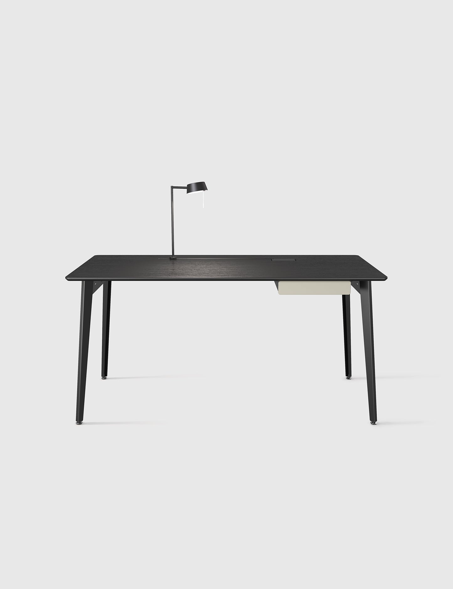 שולחן משרדי שחור עם מנורה ומגירה, שולחן משרדי מעוצב, שולחן משרדי מינימליסטי, שולחן עבודה שחור